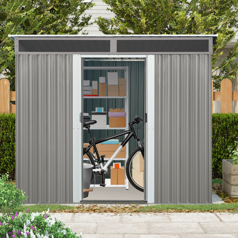 Gray 8'x6' Metal Outdoor Storage Shed with Windows and Sliding Door