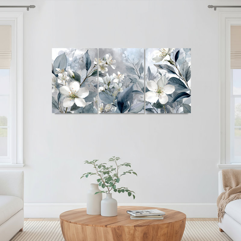 Ensemble de 3 tableaux muraux sur toile tendue, motif floral de fleurs de cerisier blanches, pour la décoration du salon et de la chambre.