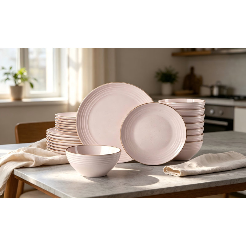Service de table Jupiter en grès, 18 pièces, comprenant 6 assiettes et bols en céramique à rebord, résistant aux ébréchures et aux égratignures, compatible micro-ondes et lave-vaisselle, pour un usage quotidien et formel, rose neutre