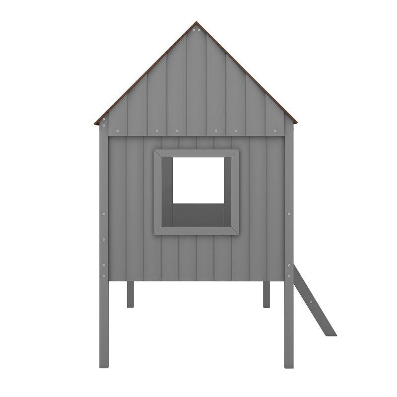 Lit mezzanine simple en bois avec deux fenêtres latérales - Améliore la tranquillité et la sécurité de la chambre (le gris rend les chambres plus amusantes