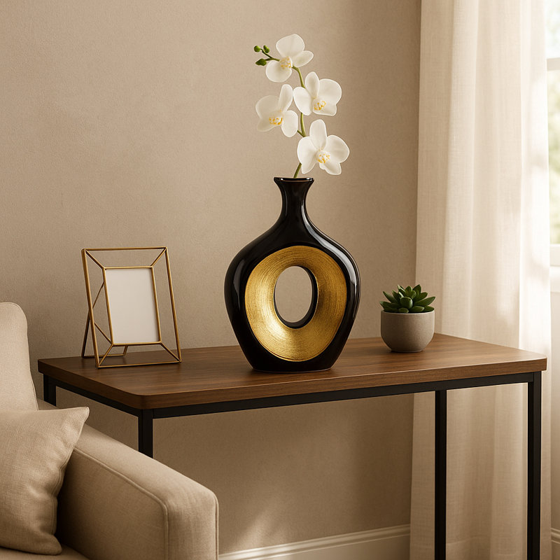 Vase de table en céramique Vannorman , Noir et or, H 13 po x l 9 po x P 3 po