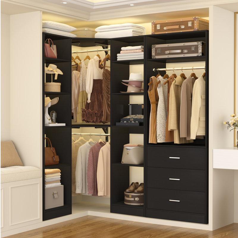 63.2" L X 39.2" W X 80" H Corner Closet System, Freestanding Closet Organizer System With 3 Drawers, Black