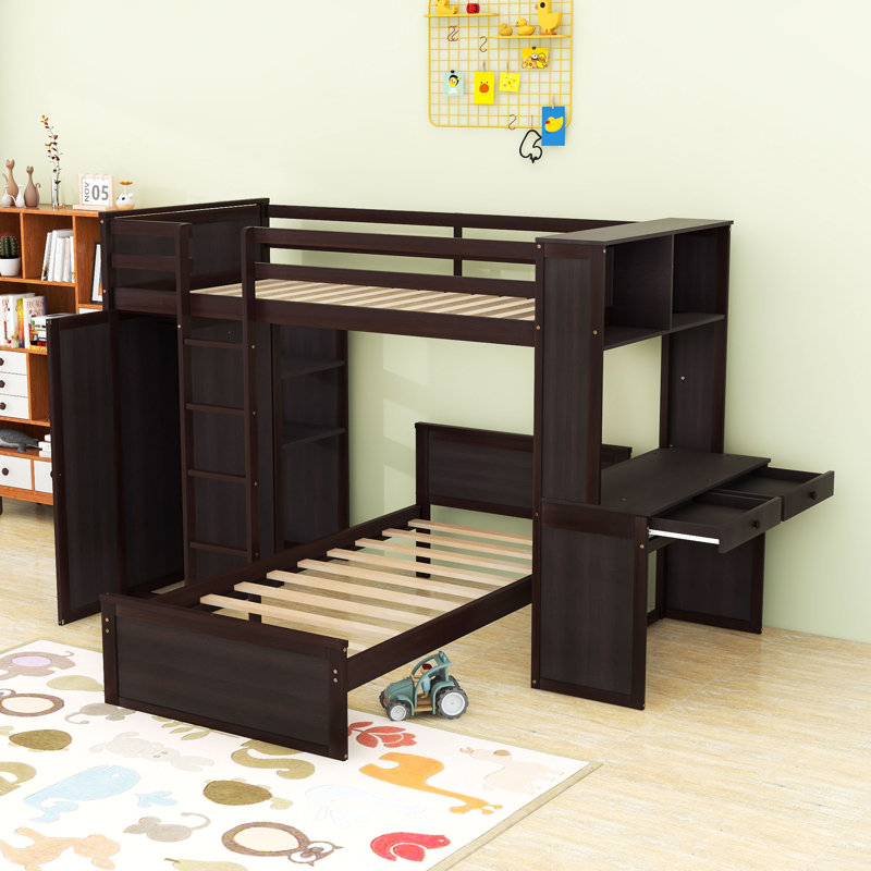 Lit superposé avec bureau, tablettes et tiroirs, garde-robe, Lit superposé simple sur simple, Espresso