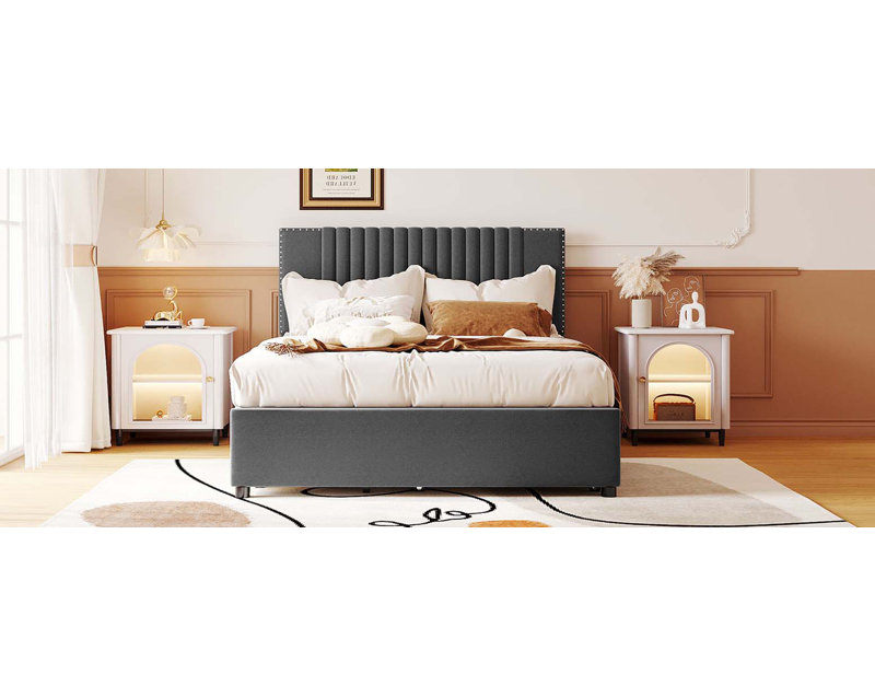 Lit plateforme double tapissier pleine grandeur avec 2 tiroirs et 1 lit gigogne simple, tête de lit classique, gris, Gris