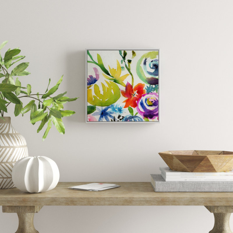«Summer Spectrum II», peinture sur toile, H 13,7 po x l 13,7 po x P 1,75 po, Cadre flottant blanc