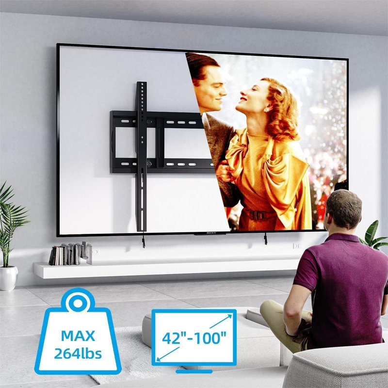 Heavy Duty Fixed TV Wall Mount Holds Up To 264Lbs, For Most 42-100 Inch Flat Curved Tvs Wall Mount Bracket Fits 16"/18"/24" Studs VESA 800X600mm Low Profile Space Saving For LED OLED LCD