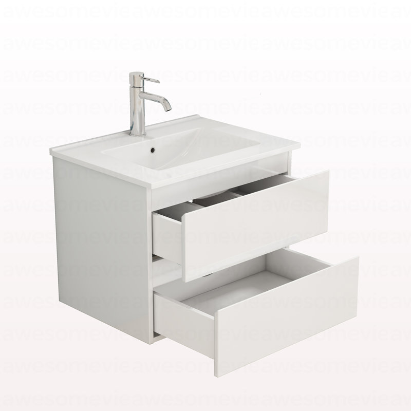 Ensemble de meuble-lavabo 24 po avec lavabo, armoire avec 2 grands tiroirs, système de fermeture en douceur, 2 grands tiroirs, conception sans poignée, assemblage facile, blanc brillant