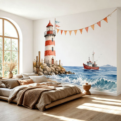 Wall Mural Peel and Stick Wallpaper Watercolor lighthouse wooden boat sea wave lighthouse Self-Adhesive Removable Contact Paper Wall Decor for Living Room Bedroom 69"H x 96"W