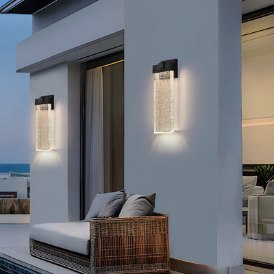 18"(H) 1-Pack 12w Modern Outdoor Wall Light Fixture, Weatherproof Led Wall Sconce With Bubble Crystal, Black Finish, Up And Down Lighting For Porch, Patio, And Garden