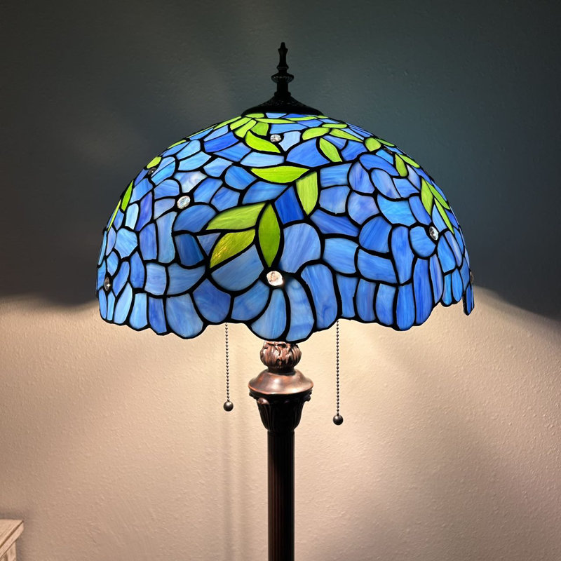 Gammage Floor Lamp Stained Glass Green Leaves Metal Base LED Bulbs Included 16"W*16"D*64"H, Purple/Green