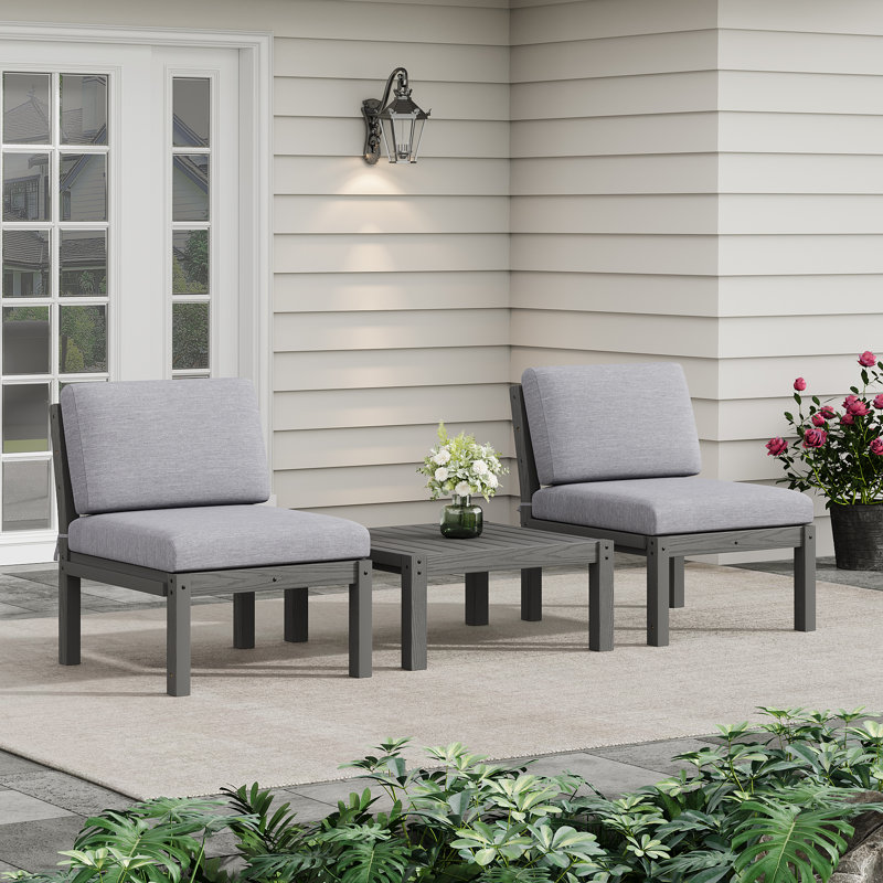 2-Person Outdoor Seating Group, HIPS Armless Chairs With Cushions And Side Table, Gray, Gray, 3 Pcs: Table, 2 Chairs
