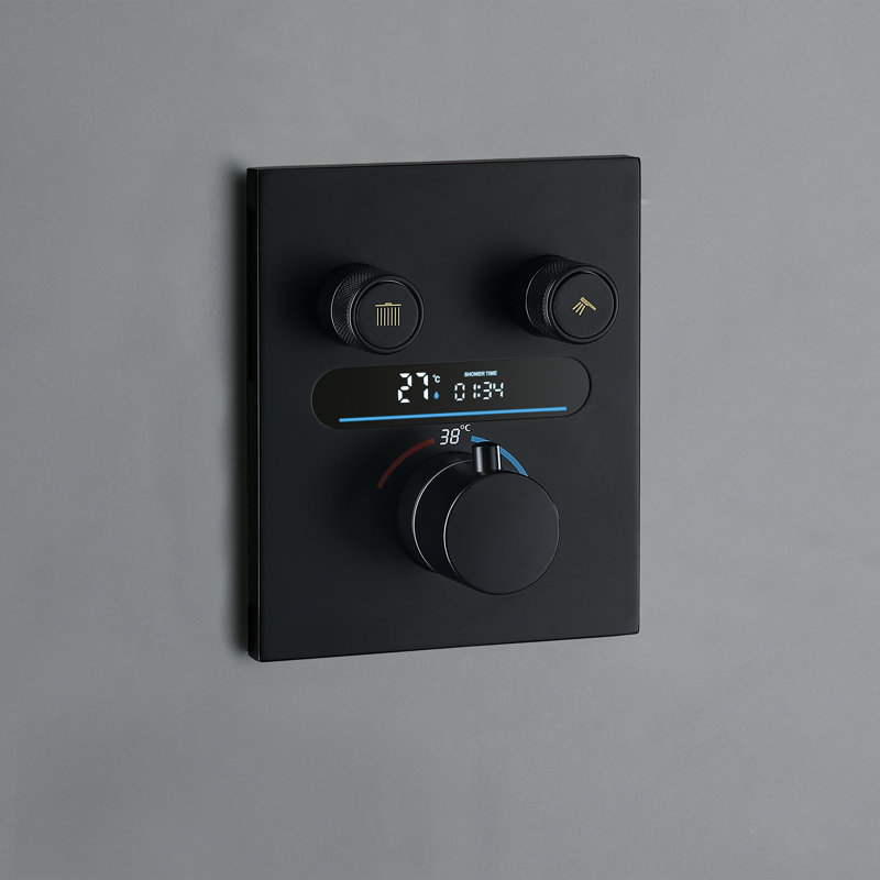 LCD Temperature Display Digital Shower System with 9.8" Rainfall Shower Head and Handheld Spray, Rough-in Valve, Matte Black