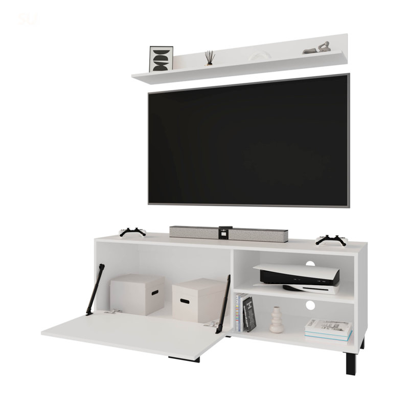 Bitter Springs 65 Inch TV Stand With Open Storage, Pneumatic Arms, And 1 Door In Durable Melamine Finish