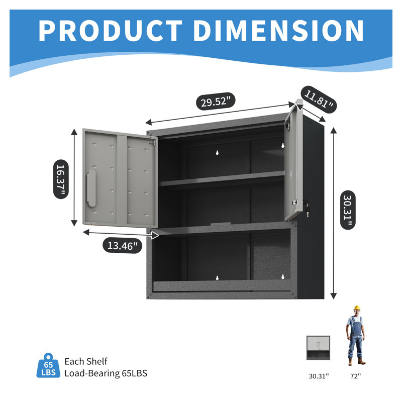 Armoire de rangement murale en métal avec porte verrouillable - Armoire de rangement robuste pour le garage avec tiroir ouvert