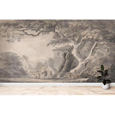 Pastoral Figures Tower Courtyard Scenic Wall Mural for Home Decor