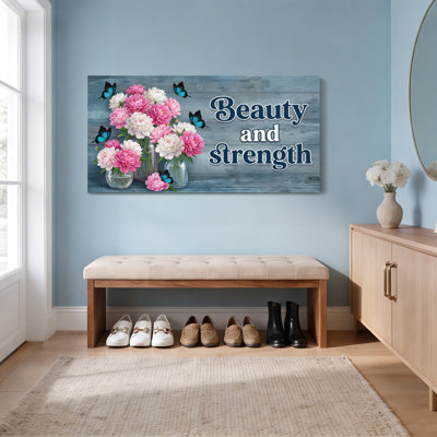 Floral Peonies And Butterflies Canvas Wrapped Wall Art Oil Painting Print Beauty And Strength Quote Rustic Wood Background Home Decor For Living Room