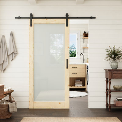 36"x80" Solid Pine Wood Full Lite Frosted Glass Slab Door with Barn Door Hardware Kit, Pantry Door, Room Door