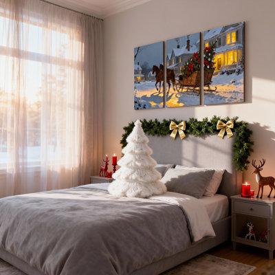 Christmas Winter Horse Sleigh Christmas Scene House Lights Snow Set of 3 Canvas Wall Art Prints
