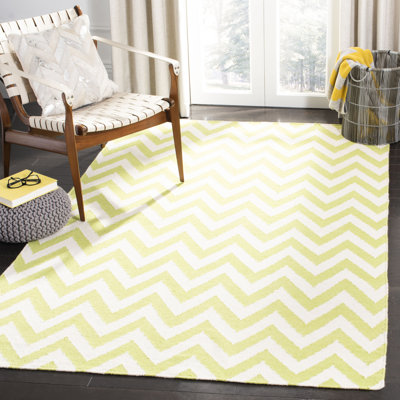 Tapis vert / ivoire en laine et coton tissé à la main Dhurries