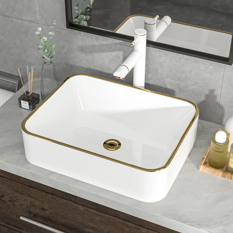 Lavabo de salle de bain vasque en céramique avec rebord décoratif Mocoloo, Blanc / Doré, H 5,5 po x L 19 po x l 15 po