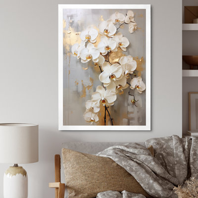Minimalism Beige And Gold Orchids IV - Orchid Framed Canvas Print