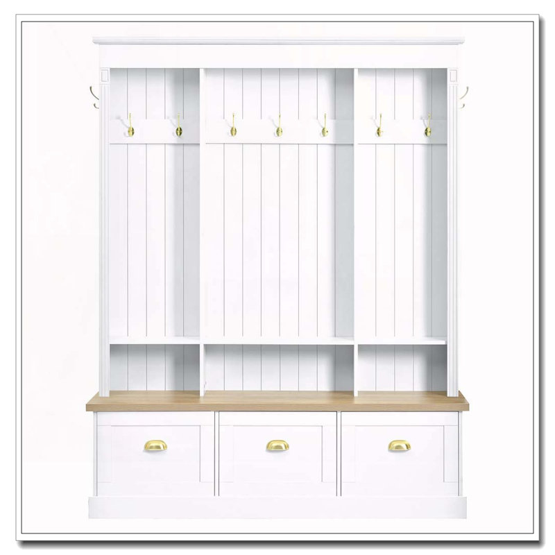 Elegant APP Controlled LED Light Hall Tree with 9 Hooks, Roman Column Design Natural Storage Bench with 3 Large Cabinets