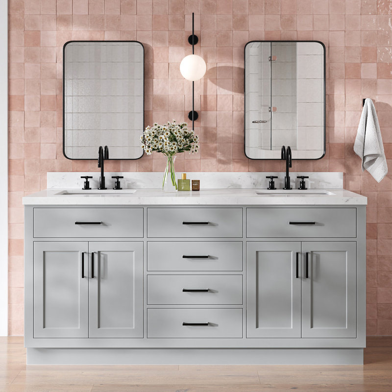 Thornaby 72'' Solid Wood Double Bathroom Vanity with 1.5'' Carrara Quartz Top, Gray, Rectangular