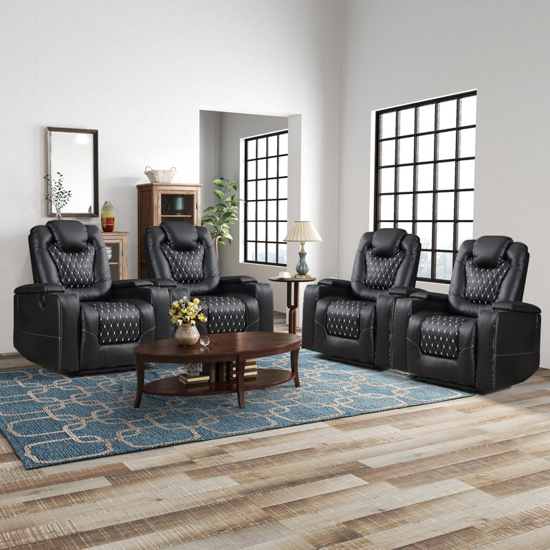 Dartee 35.04'' Luxury Faux Leather Home Theater Individual Seat Recliner With Cup Holders & Arm Storage & USB (Set Of 4)