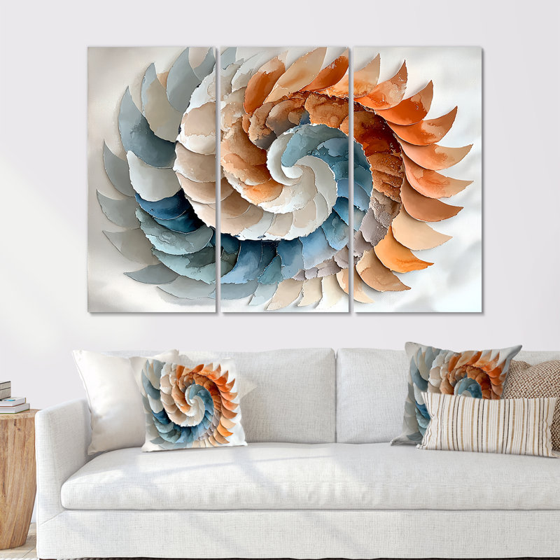 Pétales bleus et blancs dorés en spirale - ensemble de décorations murales spirales abstraites, Métal métal