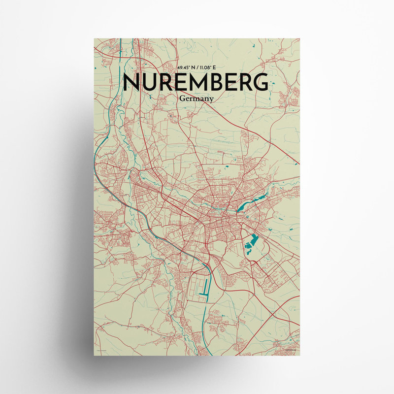 Nuremberg City Map In Tricolour - No Frame Print, 17cm H x 11cm W x 0.05cm D