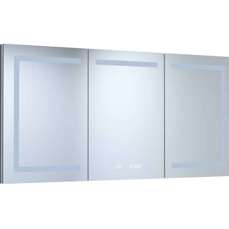 Armoire à pharmacie en aluminium argenté avec miroir, DEL, horloge, armoire résistante à la rouille, fonction de brouillard à finition brossée, biseauté