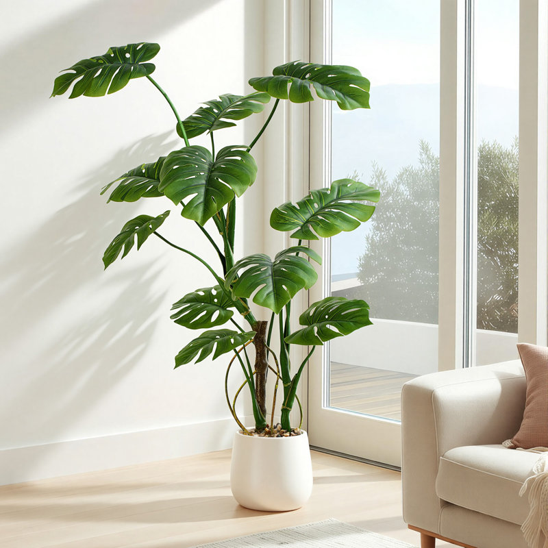Plante artificielle Monstera 4 pi - 11 feuilles artificielles Monstera Deliciosa en pot à ventre blanc avec galets - Faux arbre à fromage suisse pour le salon, le bureau et la chambre à coucher