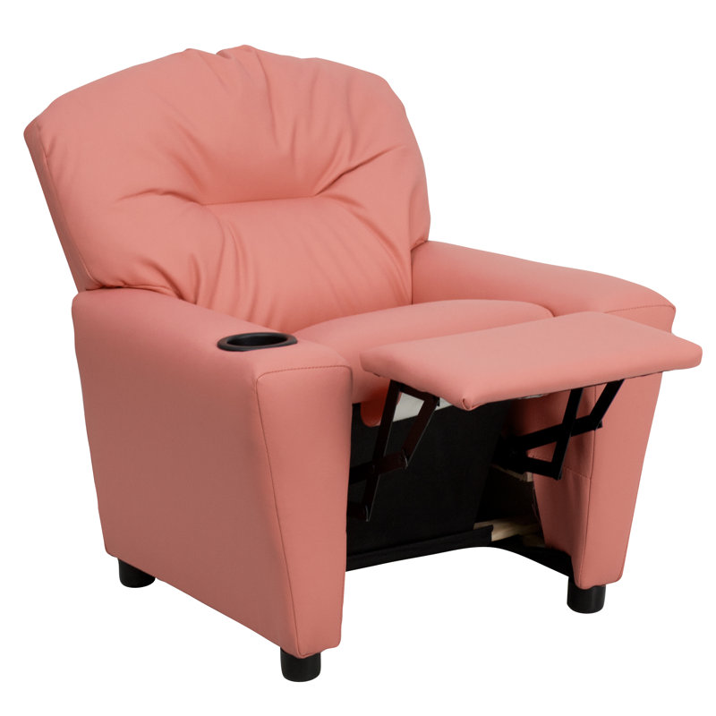 Contemporary Kids Recliner with Cup Holder, Vinyl - Pink