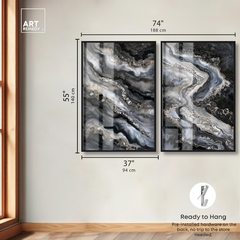 Ethereal Bloom Duo Shadowbox Print Geode Wall Decor Set by Art Remedy, Black Frame, 10 x 15, H 55 po x l 37 po