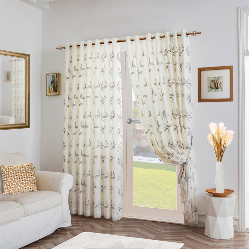 Zapata Leaf Embroidered Voile Ring Top Curtains Pair, 229cm Width x 229cm Drop, Silver