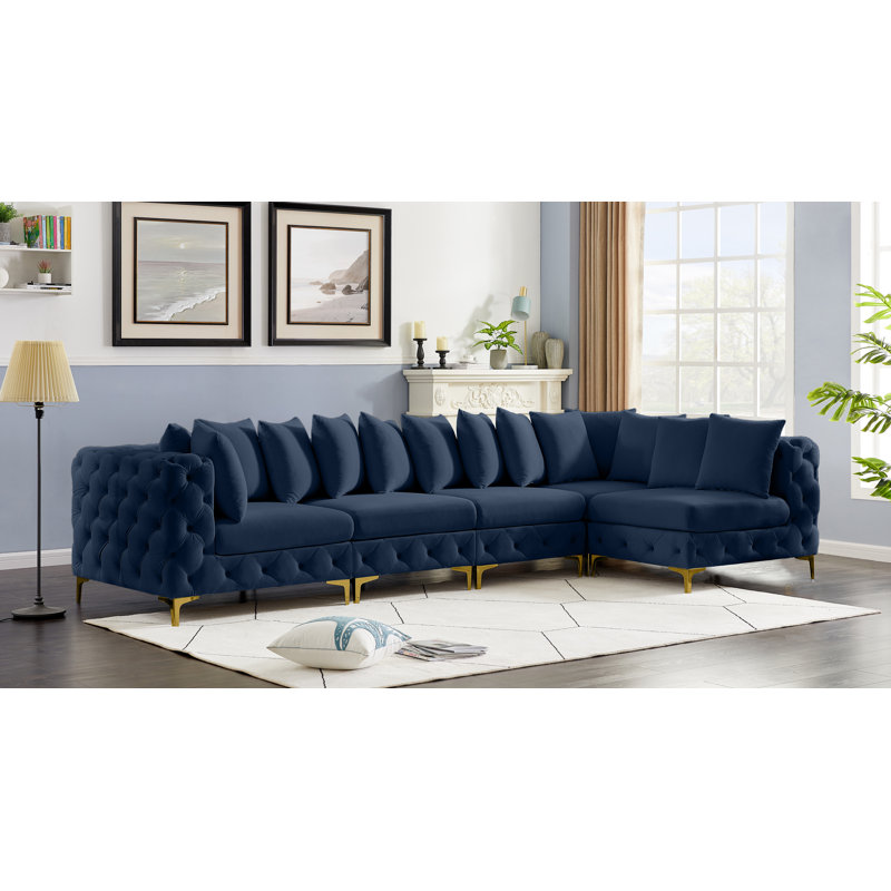 Canapé modulaire réversible en velours de 138 po de largeur, Velours bleu marine