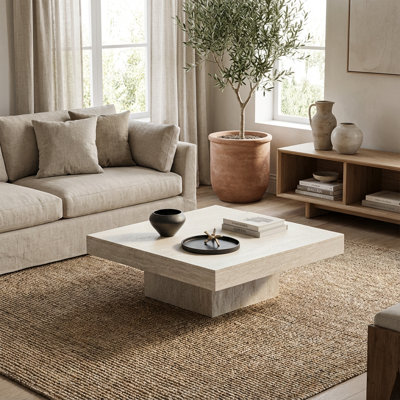 Table basse carrée en faux travertin 28,3 po, centre de table minimaliste moderne pour le salon