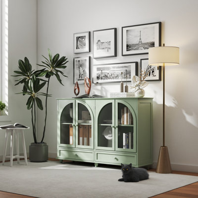 Buffet en verre arqué vert, 2 tiroirs et 4 portes en verre, armoire de présentation avec tablettes réglables, armoire de cuisine moderne pour le vestibule du salon