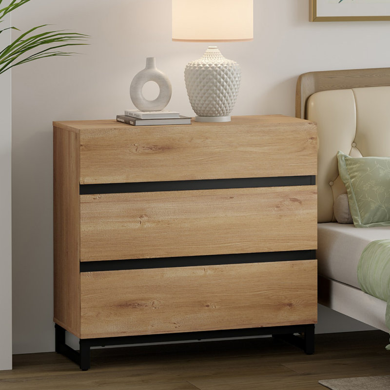 Table de chevet avec 3 tiroirs pour la chambre à coucher, table de chevet moderne avec pieds carrés en fer noir, table d'appoint en bois rustique pour le salon