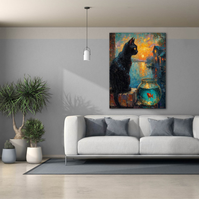 «Black Cat And Goldfish 1» par Momart, art mural sur toile, H 54 po x l 40 po x P 1,5 po