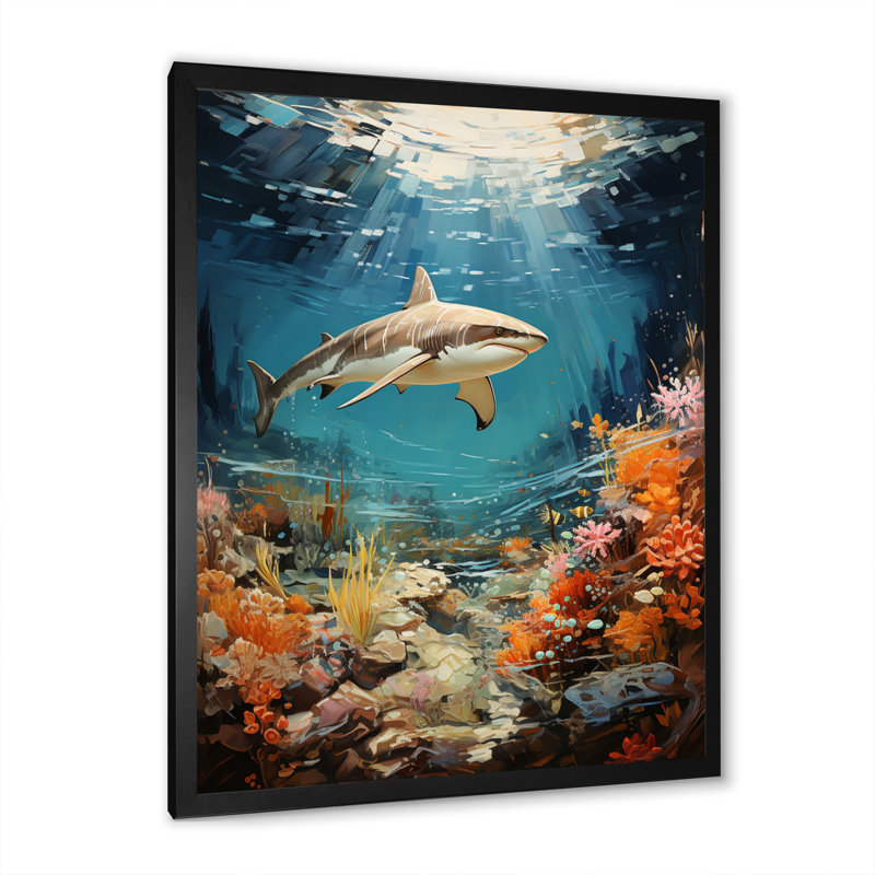 Teal Shark Coastal Creatures " Teal Shark Coastal Creatures ", Black Picture Framed, 32" H x 24" W x 1" D