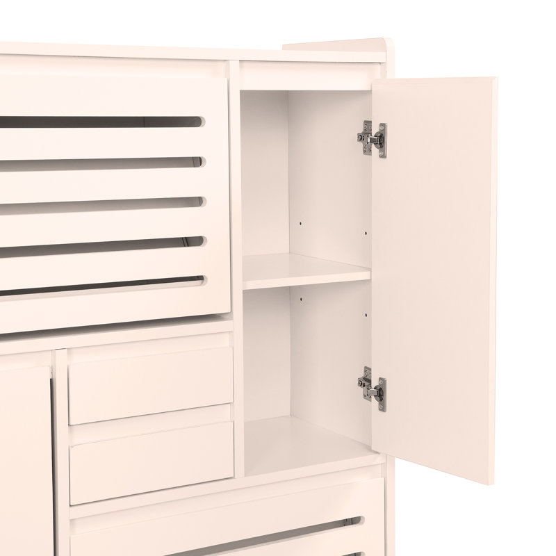 Multi-Functional Tipping Bucket Shoe Cabinet with Wall Cabinet, Space-saving Design Foyer Cabinet with 2 Flip Drawers, White