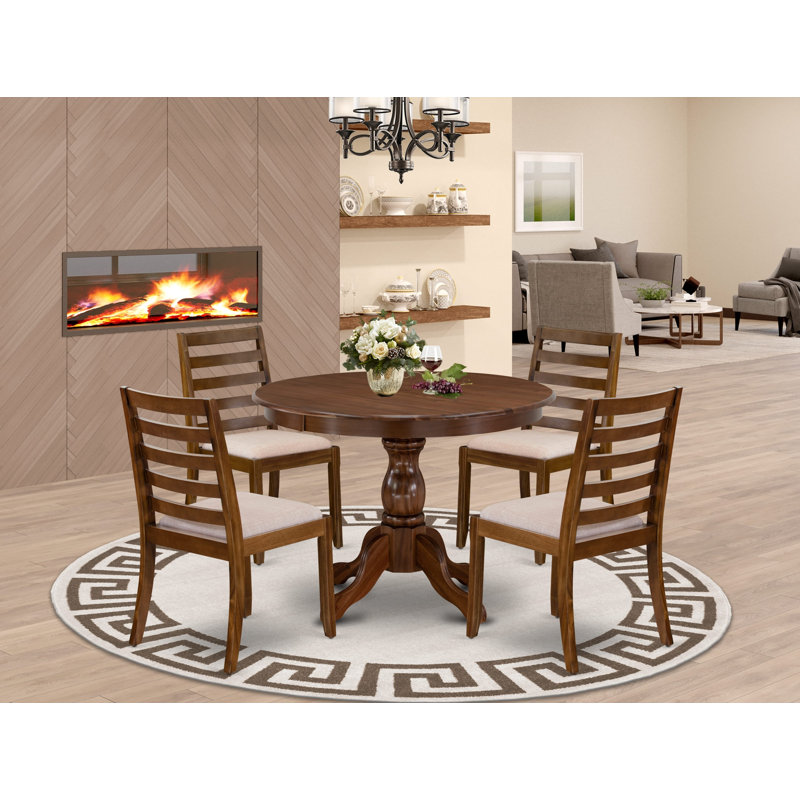 5-piece Dining Table Set included a Round Kitchen Table and 4 Light Tan Polyester Fabric stackable Chair, Antique Walnut Finish