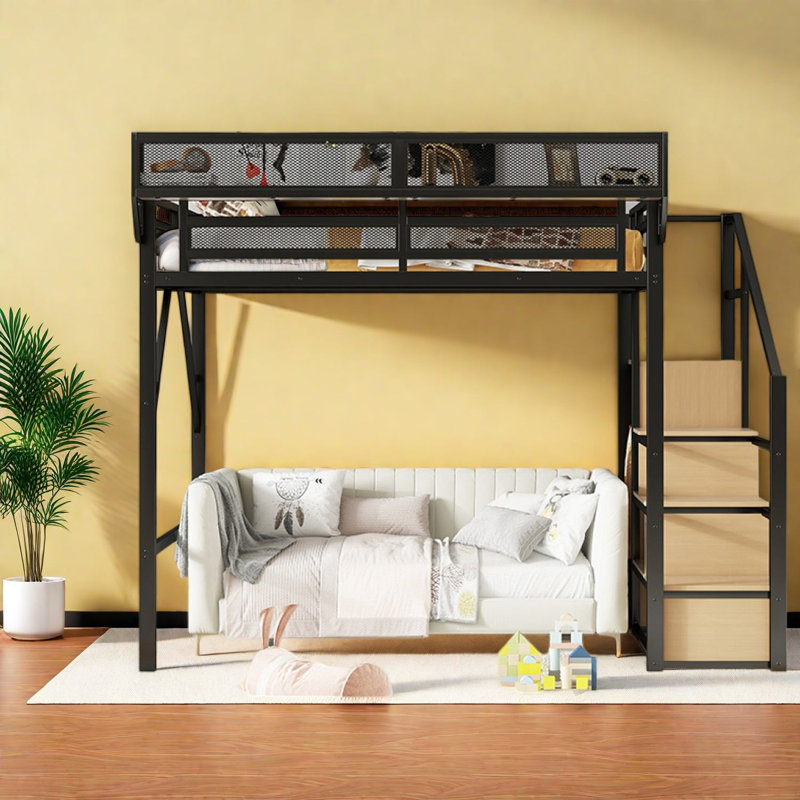 Lit mezzanine double avec rangement, en métal noir, style moderne, gain de place, pour chambre d'enfant