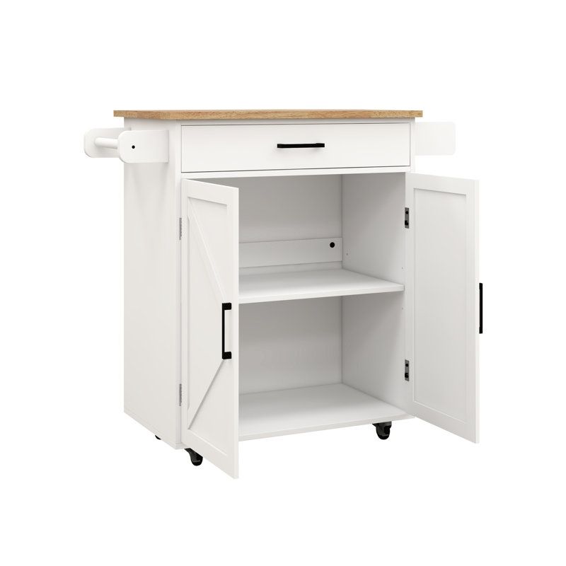 Rolling Kitchen Island With Tabletop, Towel Rack, Seasoning Rack - Customizable Storage Settings White Lockable Wheels, Adjustable Levels & Towel/Seasoning