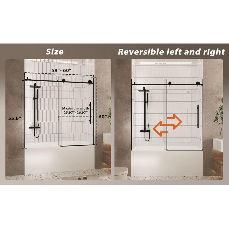 Frameless Shower Door 56-60 "w X 60" H, 1/4 "(6 Mm) Clear Tempered Glass, Explosion Proof Film, Stainless Steel Handle, Matte Black