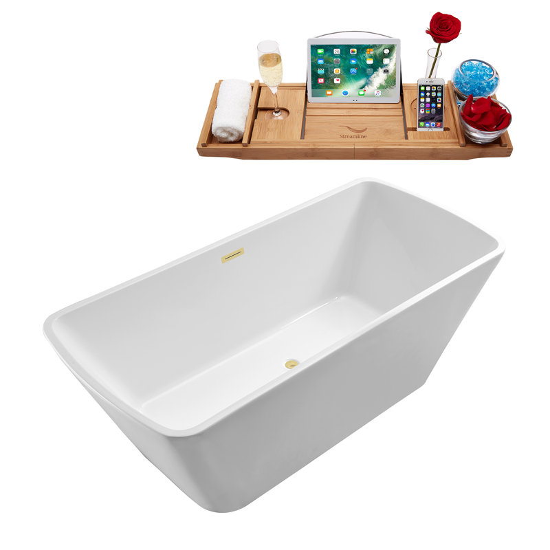 Baignoire de trempage autoportante en acrylique 67 "avec drain et plateau en bambou 67" Streamline, Laiton poli