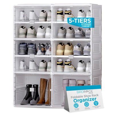Rebrilliant Shoe Rack Organizer for Closet Floor | 5 Tiers Foldable Freestanding Storage Cabinet w/ 8 Wide/Small Clear Storage Cubes & 2 Large Cubes with Doors for Boots, Heels, Sneakers, Loafers