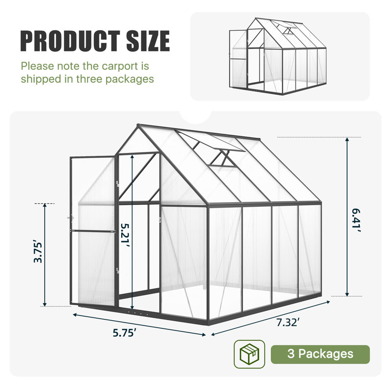Serre de jardin intérieure de 1,83 m de large x 2,44 m de profondeur, en aluminium et polycarbonate, avec 2 aérations de toit réglables et structure noire, idéale pour votre cour arrière.