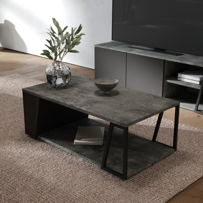 Sharrion Floor Shelf Coffee Table, Concrete Look, Black Metal